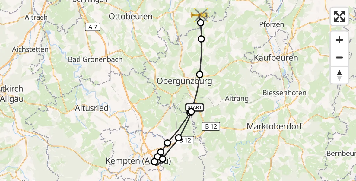 Flugroute Rettungshubschrauber Günzach - Unteregg, 13 Juli 2026, 12:43