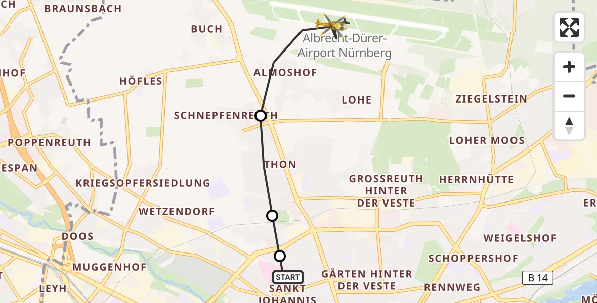 Flugroute Ambulanzhubschrauber Nürnberg North Hospital - Flughafen Nuremberg, 13 Juli 2026, 12:45