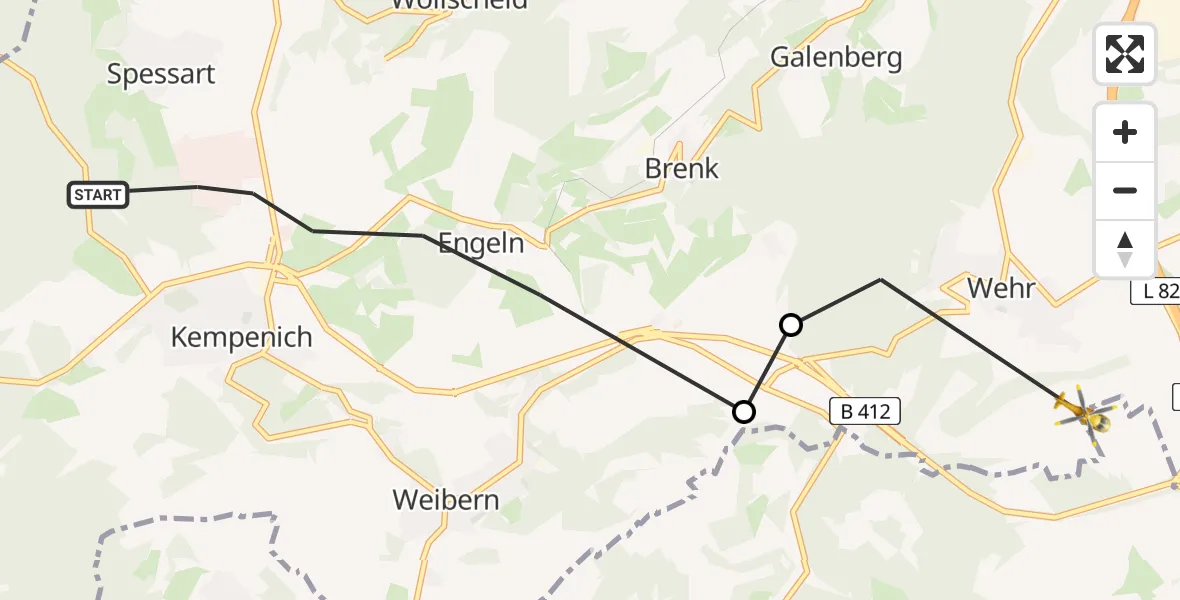 Flugroute Ambulanzhubschrauber Kempenich - Wehr, 13 Juli 2026, 12:48