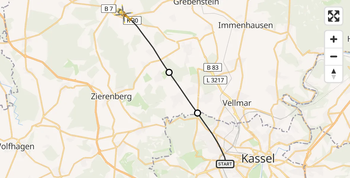 Flugroute Rettungshubschrauber Kassel - Calden, 13 Juli 2026, 12:48
