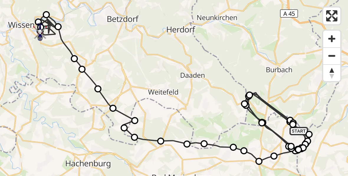 Flugroute Polizeihubschrauber Liebenscheid - Wissen, 13 Juli 2026, 12:49