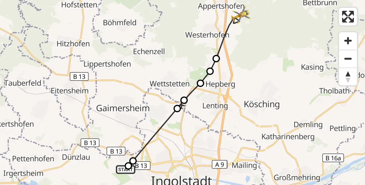 Flugroute Rettungshubschrauber Ingolstadt Hospital - Stammham, 13 Juli 2026, 12:49