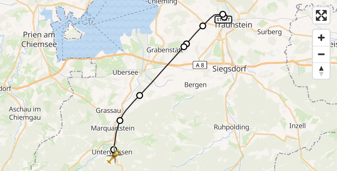 Flugroute Rettungshubschrauber Traunstein Hospital - Unterwössen, 13 Juli 2026, 12:50