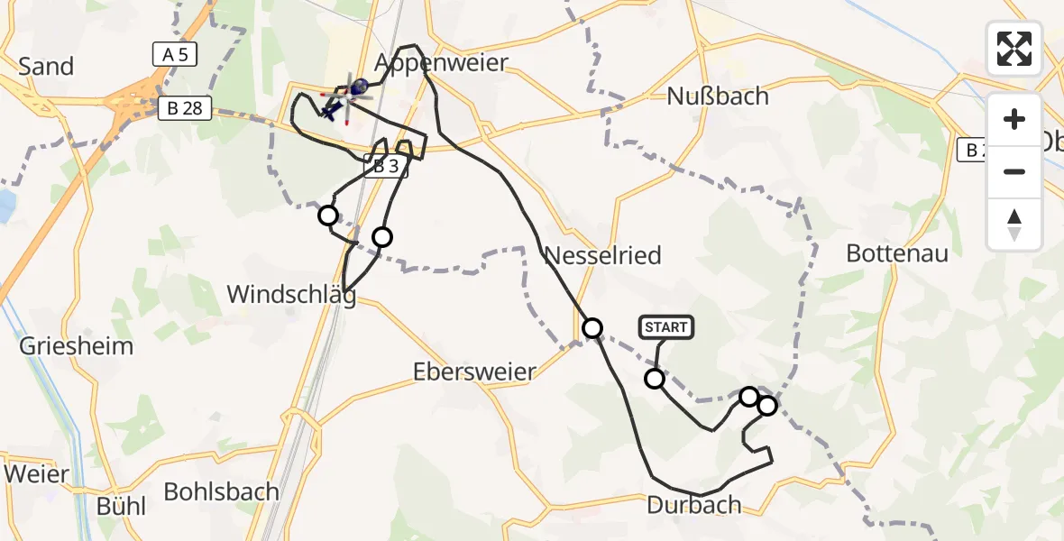 Flugroute Polizeihubschrauber Appenweier - Appenweier, 13 Juli 2026, 12:50