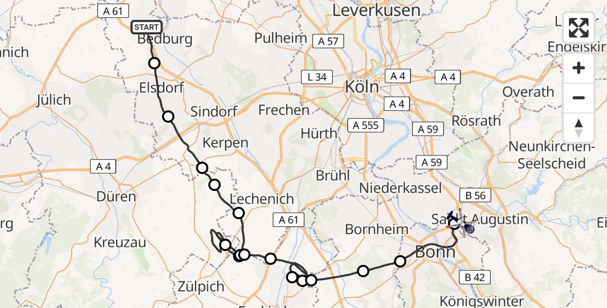 Flugroute Polizeihubschrauber Bedburg - Sankt Augustin, 13 Juli 2026, 12:52