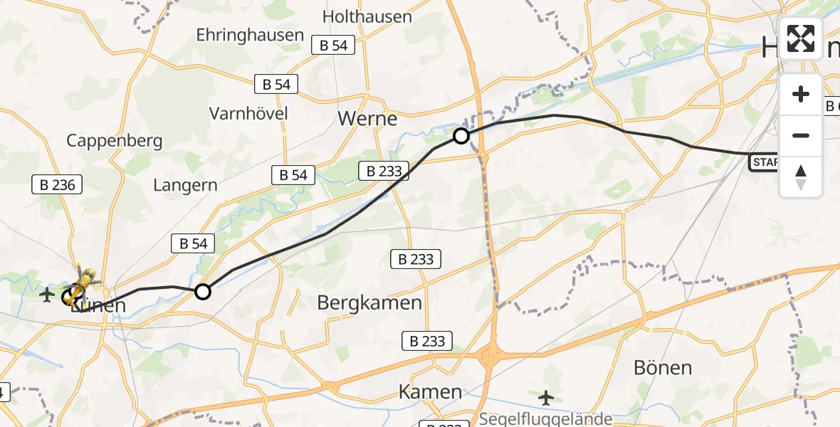 Flugroute Rettungshubschrauber Hamm - Sankt Marien Hospital, 13 Juli 2026, 12:52