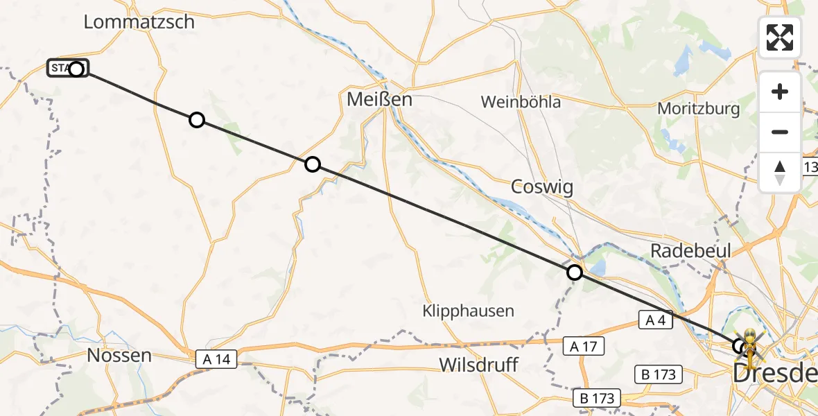 Flugroute Rettungshubschrauber Lommatzsch - Dresden Friedrichstadt Hospital, 13 Juli 2026, 12:53