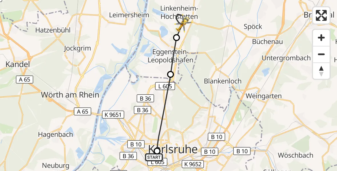 Flugroute Ambulanzhubschrauber Sankt Vincentius Hospital - Linkenheim-Hochstetten, 13 Juli 2026, 12:59