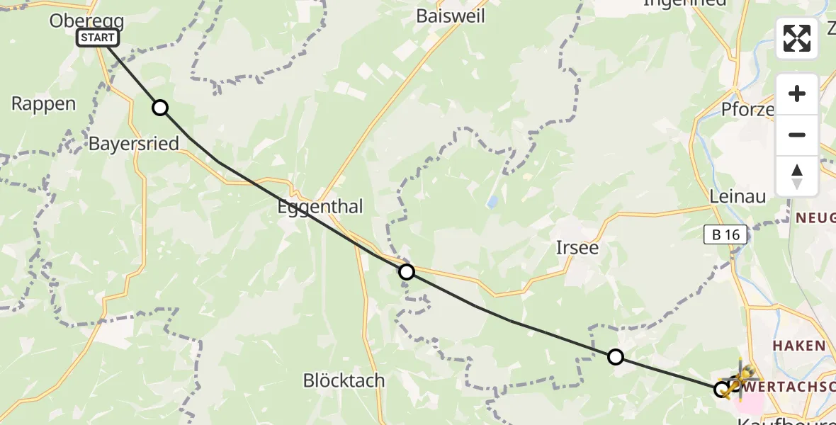 Flugroute Rettungshubschrauber Unteregg - Ostallgäu-Kaufbeuren Hospital, 13 Juli 2026, 13:05