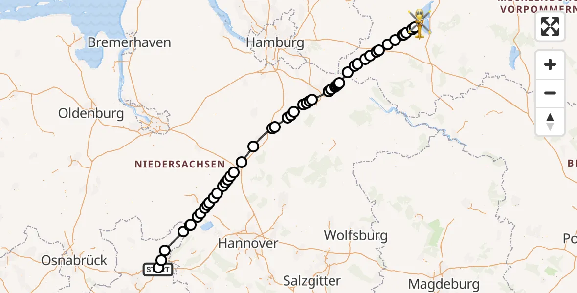 Flugroute Rettungshubschrauber Porta Westfalica Flugplatz - Schwerin, 13 Juli 2026, 13:10