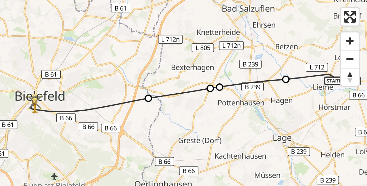 Flugroute Rettungshubschrauber Lemgo - Bielefeld, 13 Juli 2026, 13:11