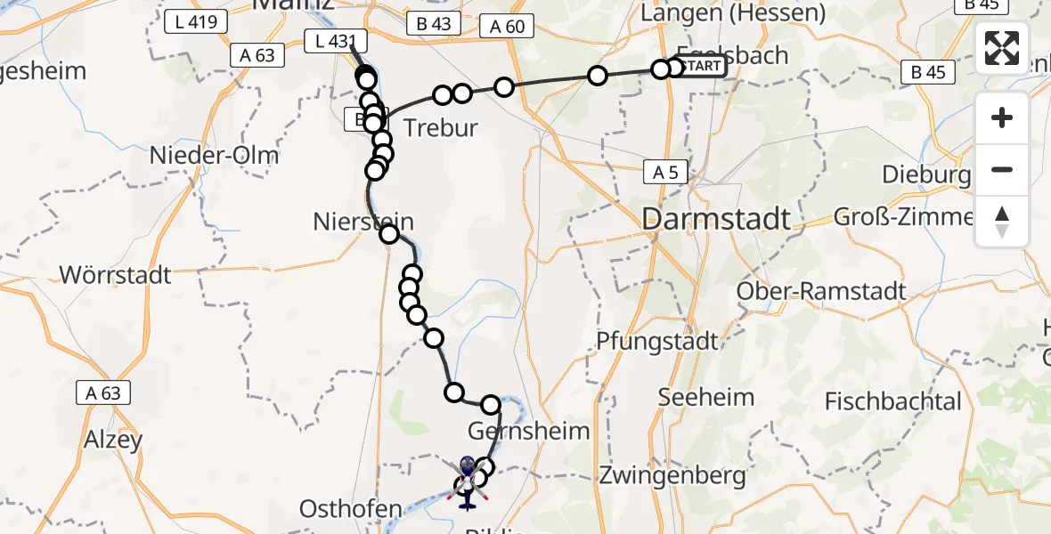 Flugroute Polizeihubschrauber Flughafen Frankfurt-Egelsbach - Worms, 13 Juli 2026, 13:14