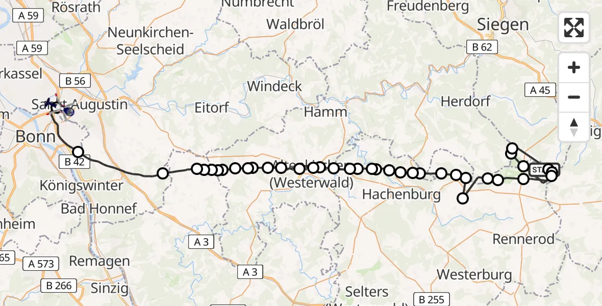 Flugroute Polizeihubschrauber Liebenscheid - Sankt Augustin, 13 Juli 2026, 13:16
