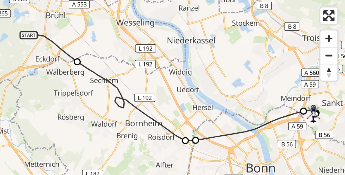 Flugroute Polizeihubschrauber Brühl - Sankt Augustin, 13 Juli 2026, 13:17