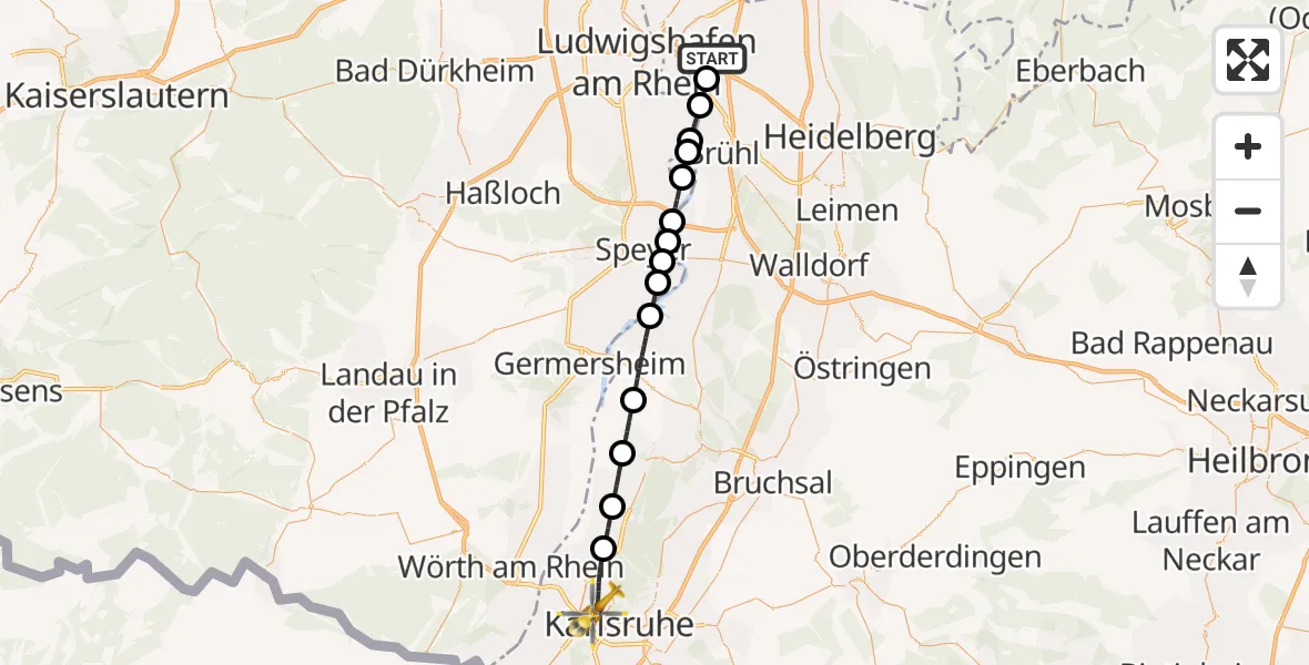 Flugroute Rettungshubschrauber Mannheim-City Flughafen - Karlsruhe, 13 Juli 2026, 13:19
