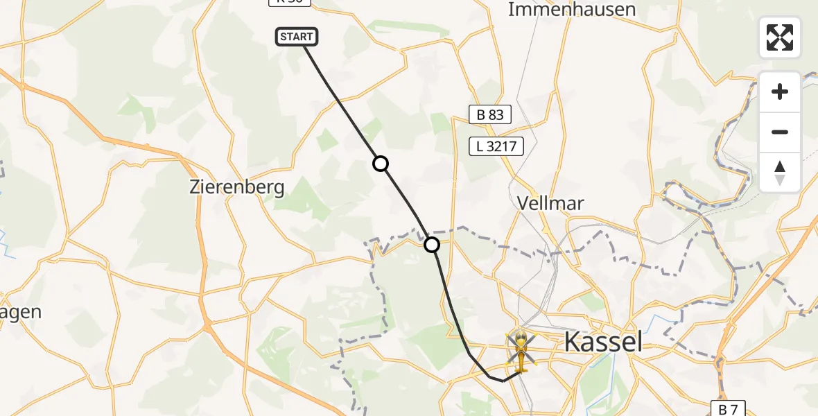 Flugroute Rettungshubschrauber Calden - Kassel, 13 Juli 2026, 13:20
