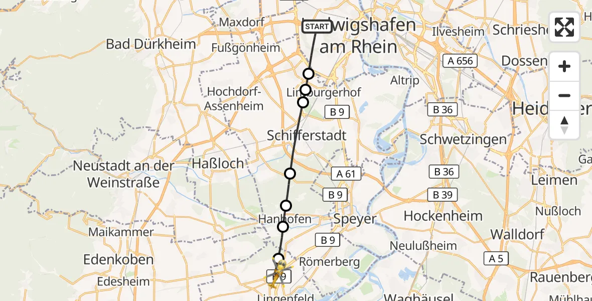 Flugroute Rettungshubschrauber Ludwigshafen am Rhein - Schwegenheim, 13 Juli 2026, 13:20