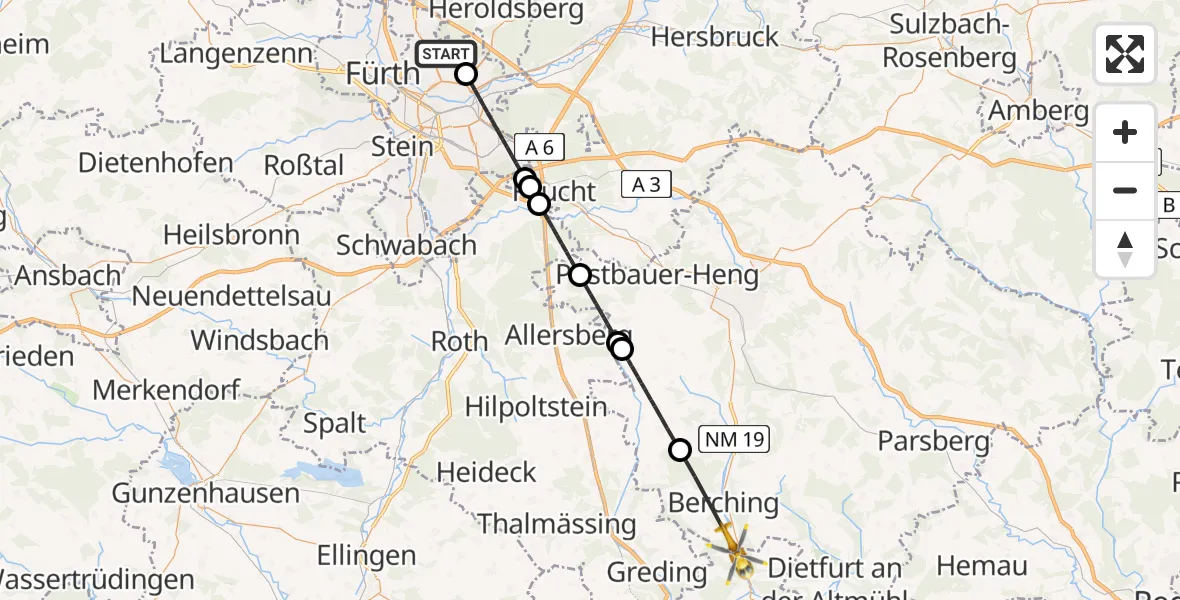 Flugroute Ambulanzhubschrauber Flughafen Nuremberg - Berching, 13 Juli 2026, 13:24