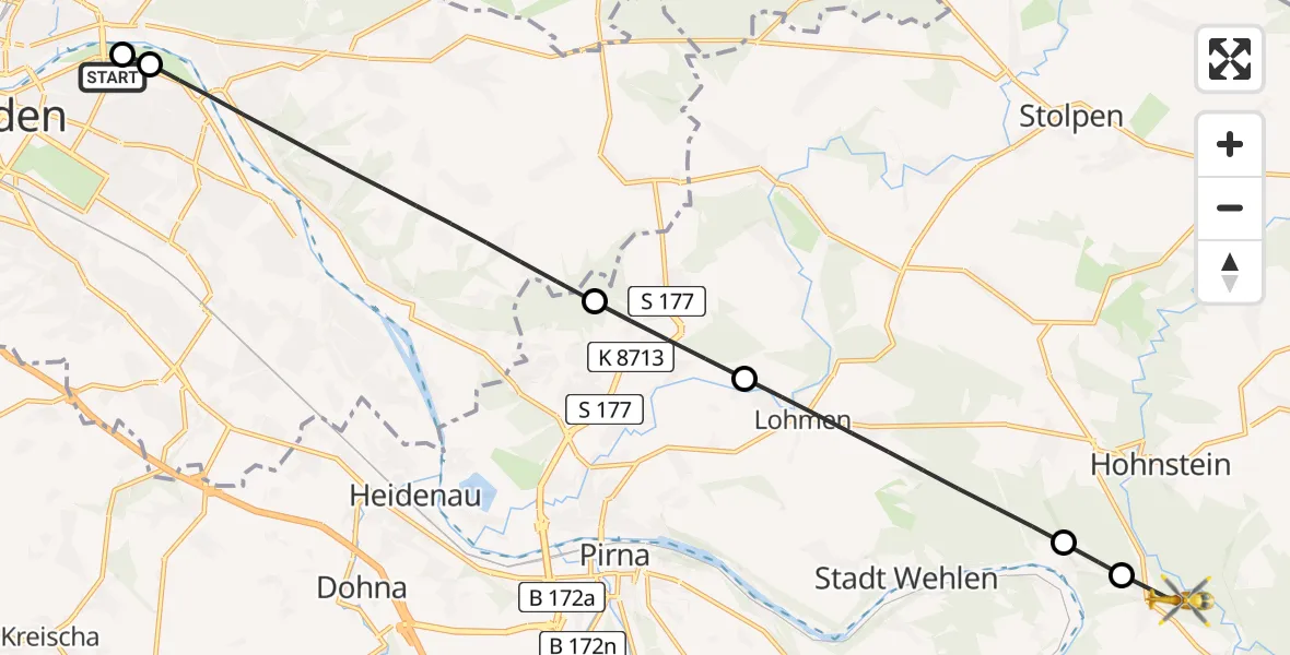 Flugroute Rettungshubschrauber Dresden University Hospital - Bad Schandau, 13 Juli 2026, 13:28