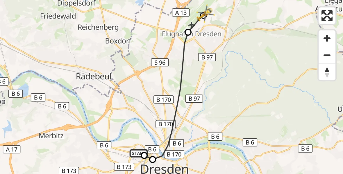 Flugroute Rettungshubschrauber Dresden Friedrichstadt Hospital - Dresden Bundespolizei Hubschrauberlandeplatz, 13 Juli 2026, 13:31