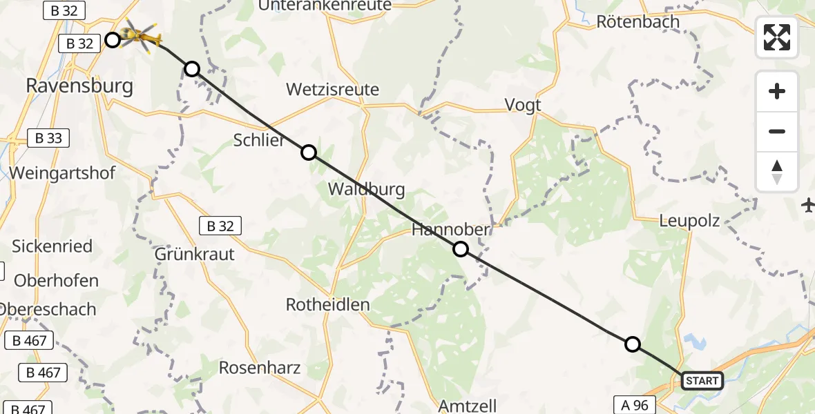 Flugroute Rettungshubschrauber Wangen im Allgäu - Ravensburg, 13 Juli 2026, 13:33