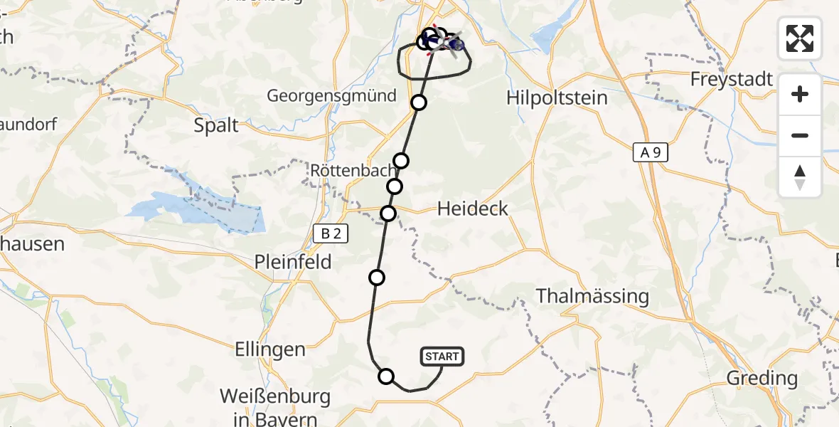 Flugroute Polizeihubschrauber Burgsalach - Flugplatz Roth, 13 Juli 2026, 13:35