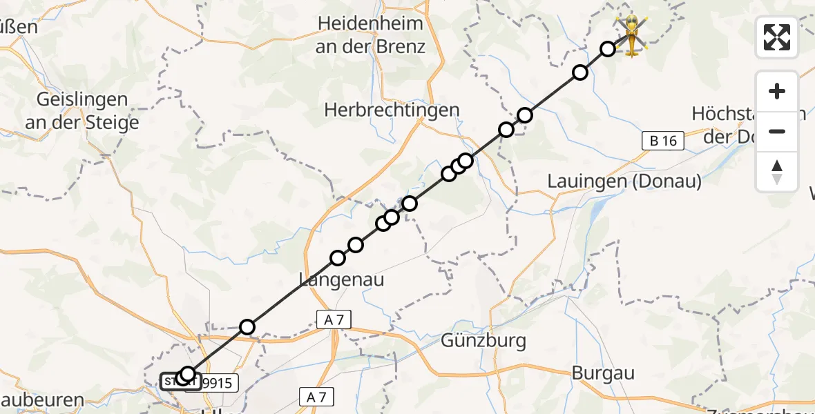 Flugroute Rettungshubschrauber Ulm Military Hospital Emergency - Dischingen, 13 Juli 2026, 13:36