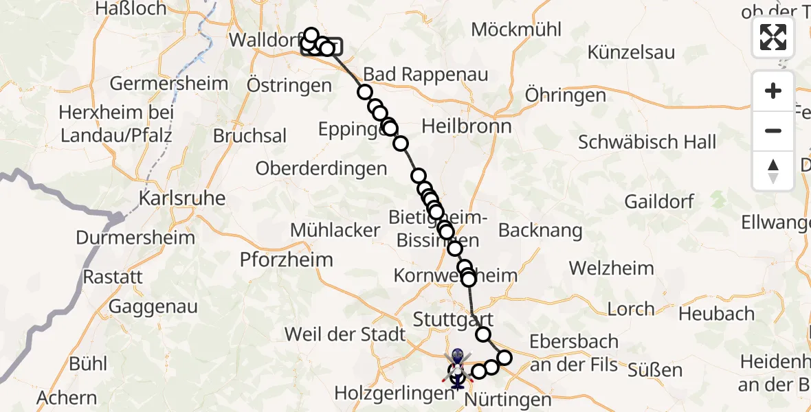 Flugroute Polizeihubschrauber Zuzenhausen - Flughafen Stuttgart, 13 Juli 2026, 13:40