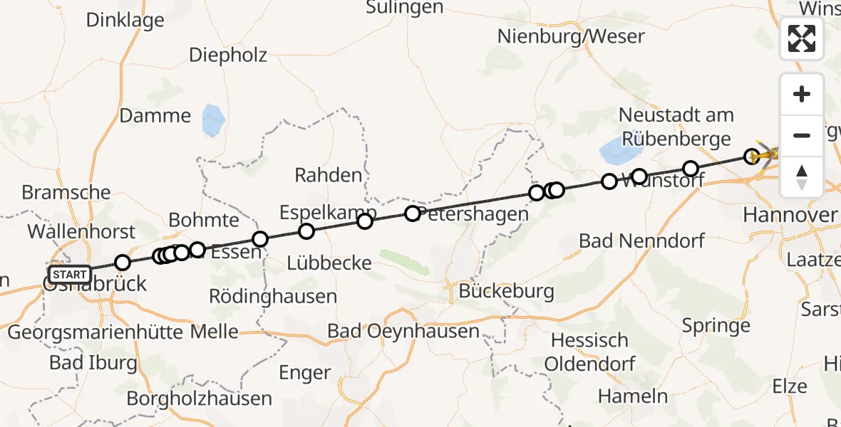 Flugroute Rettungshubschrauber Osnabrück - Flughafen Hannover, 13 Juli 2026, 13:41