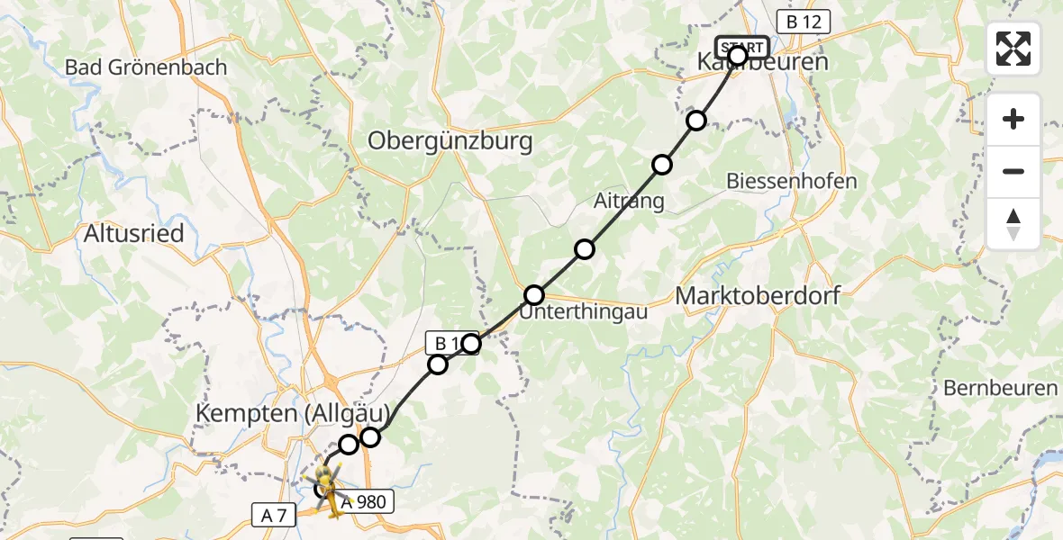 Flugroute Rettungshubschrauber Ostallgäu-Kaufbeuren Hospital - Kempten-Durach Flugplatz, 13 Juli 2026, 13:47