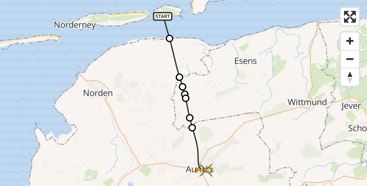 Flugroute Rettungshubschrauber Noordzee - Aurich, 13 Juli 2026, 13:48