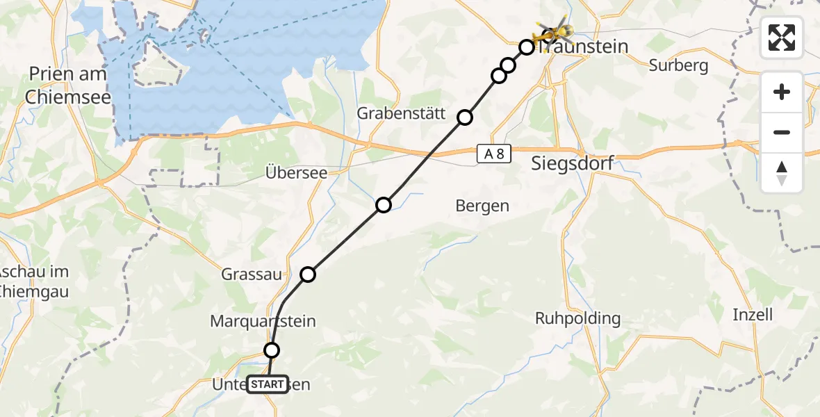 Flugroute Rettungshubschrauber Unterwössen - Traunstein Hospital, 13 Juli 2026, 13:48