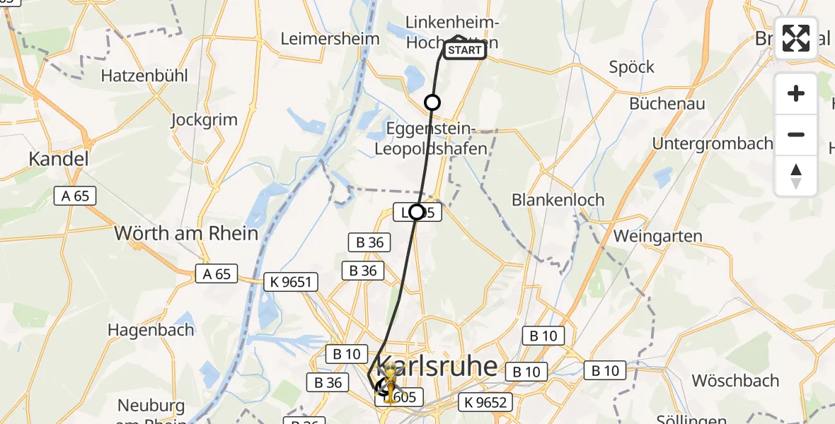 Flugroute Ambulanzhubschrauber Linkenheim-Hochstetten - Sankt Vincentius Hospital, 13 Juli 2026, 13:48