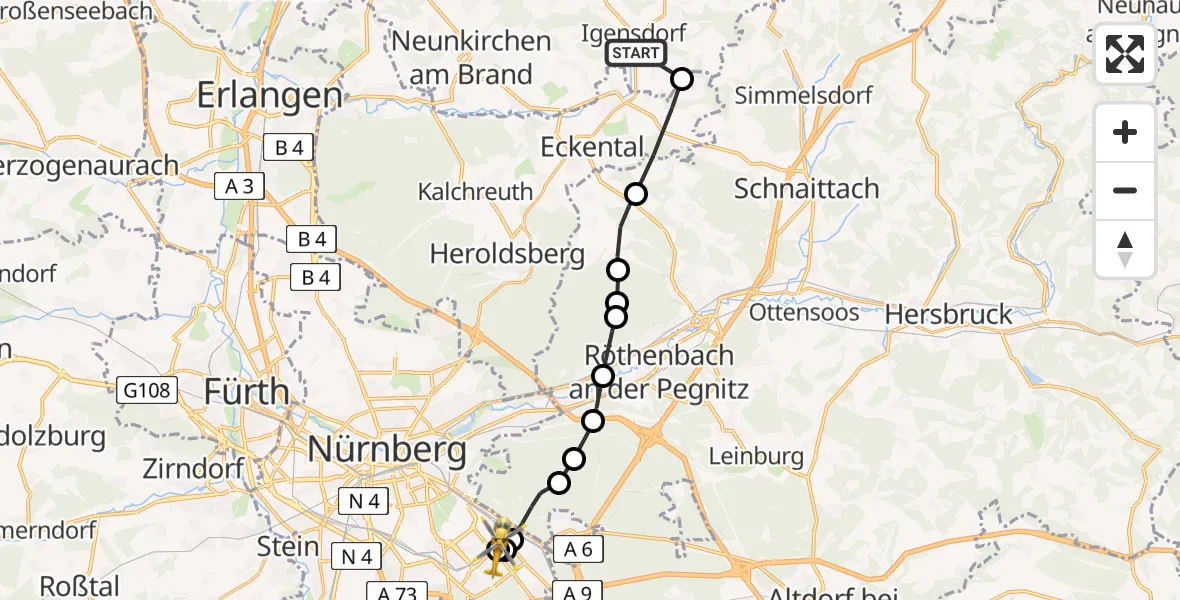 Flugroute Rettungshubschrauber Igensdorf - Nürnberg South Hospital, 13 Juli 2026, 13:48