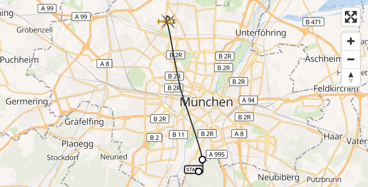 Flugroute Rettungshubschrauber ADAC Air Rescue Center Hubschrauberlandeplatz (Christoph 1) - München, 13 Juli 2026, 13:49