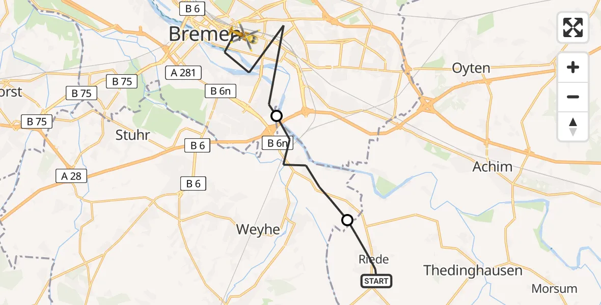 Flugroute Rettungshubschrauber Riede - Bremen, 13 Juli 2026, 13:49