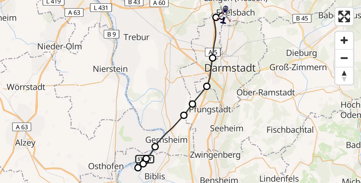 Flugroute Polizeihubschrauber Worms - Flughafen Frankfurt-Egelsbach, 13 Juli 2026, 13:54