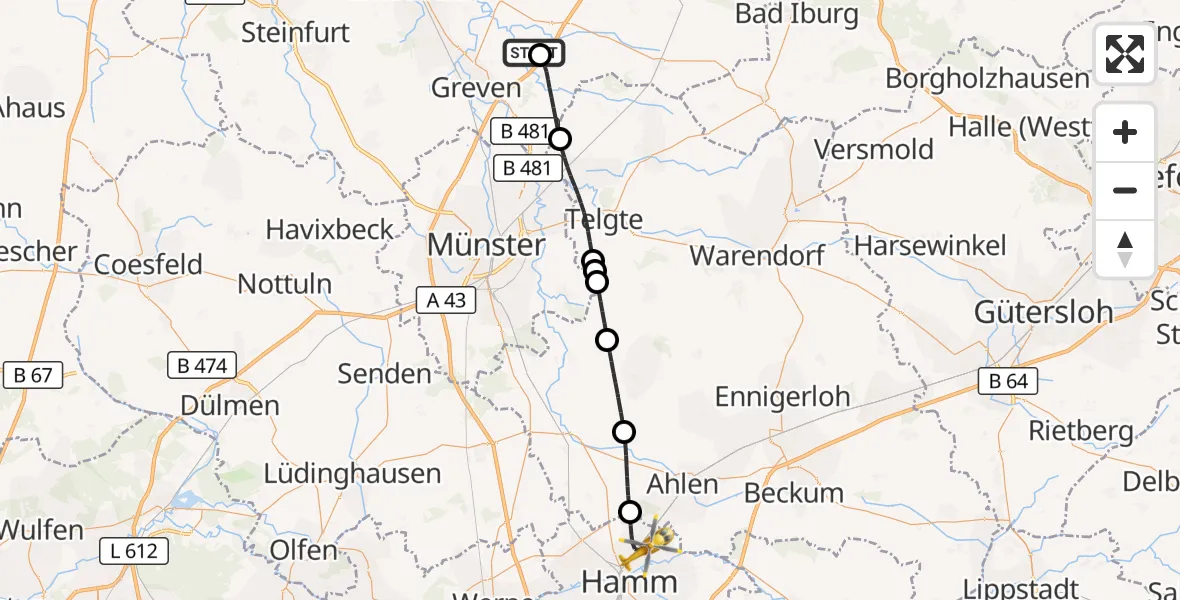 Flugroute Ambulanzhubschrauber Christoph  Westfalen-ADAC - Hamm, 13 Juli 2026, 13:56