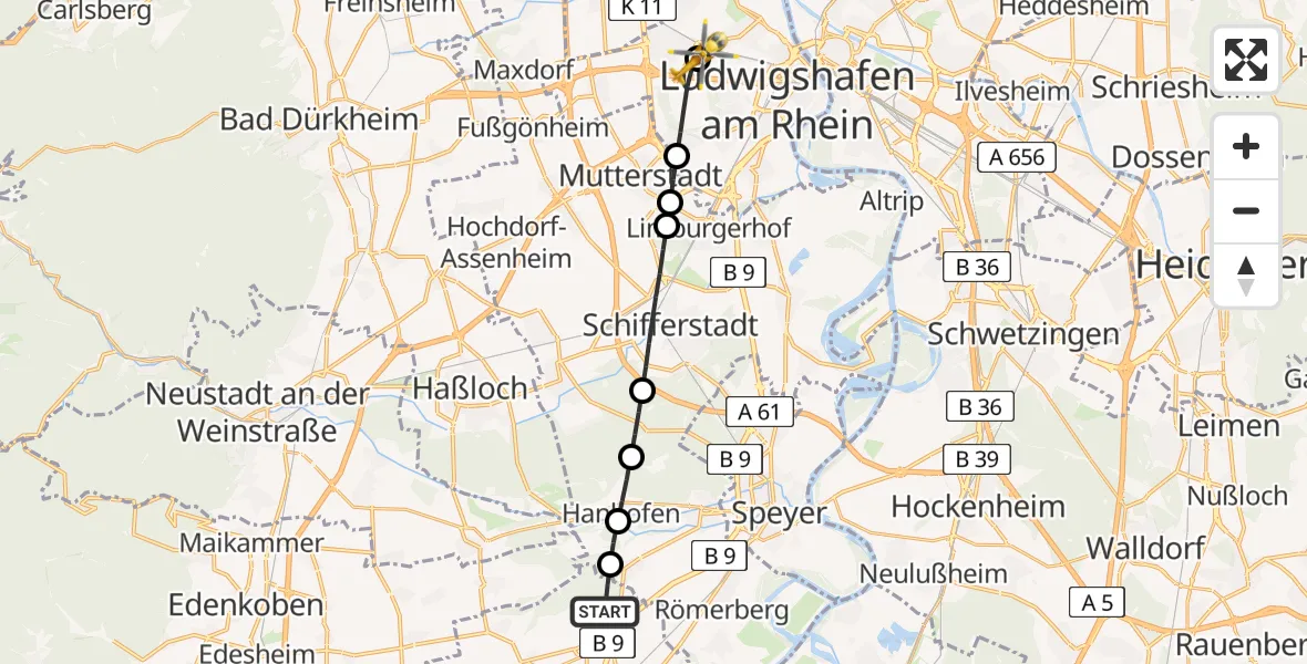 Flugroute Rettungshubschrauber Schwegenheim - Ludwigshafen Accident Hospital, 13 Juli 2026, 13:56
