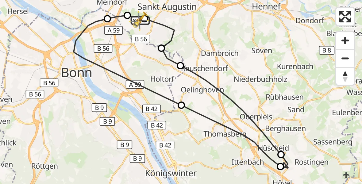 Flugroute Rettungshubschrauber Bonn-Hangelar Flugplatz - Bonn-Hangelar Flugplatz, 13 Juli 2026, 14:06