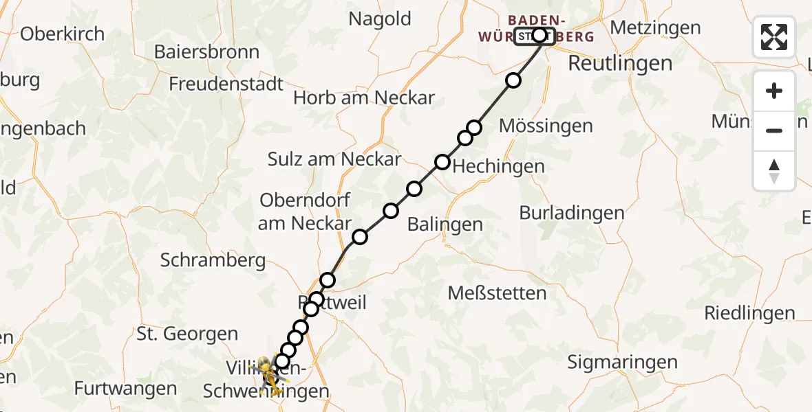 Flugroute Ambulanzhubschrauber Tübingen University Hospital - DRF Air Rescue Station Villingen-Schwenningen Hubschrauberlandeplatz (Christoph 11), 13 Juli 2026, 14:08