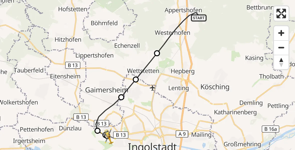 Flugroute Rettungshubschrauber Stammham - Ingolstadt Hospital, 13 Juli 2026, 14:10