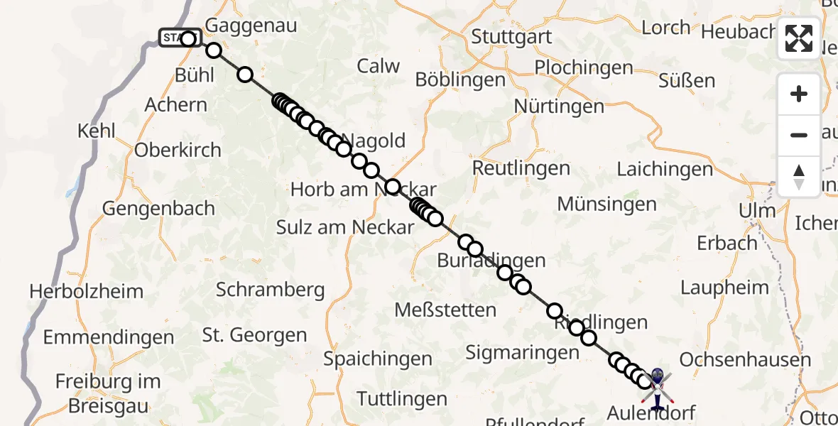 Flugroute Polizeihubschrauber Karlsruhe Baden-Baden Flughafen - Bad Schussenried, 13 Juli 2026, 14:12