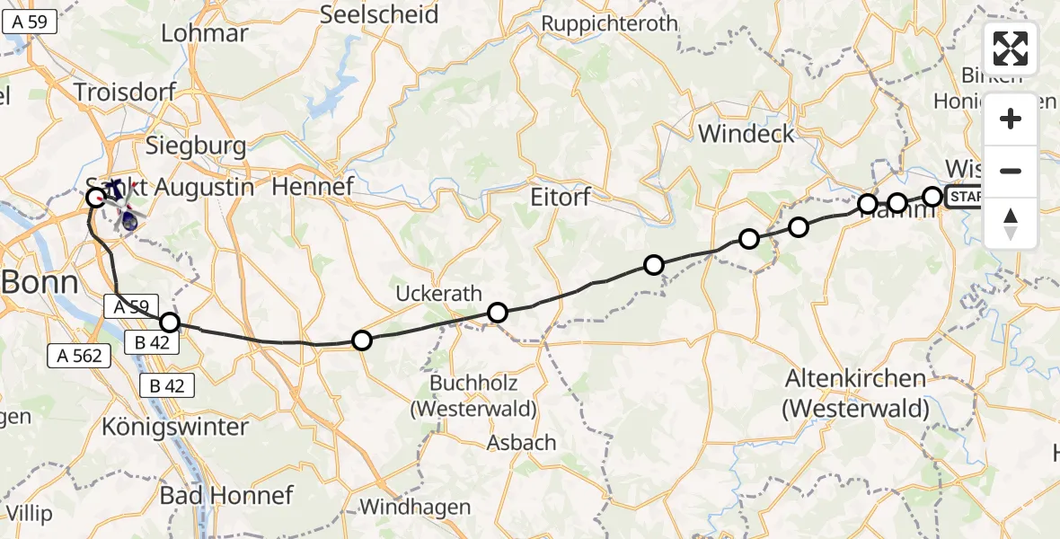 Flugroute Polizeihubschrauber Wissen - Bonn-Hangelar Flugplatz, 13 Juli 2026, 14:16