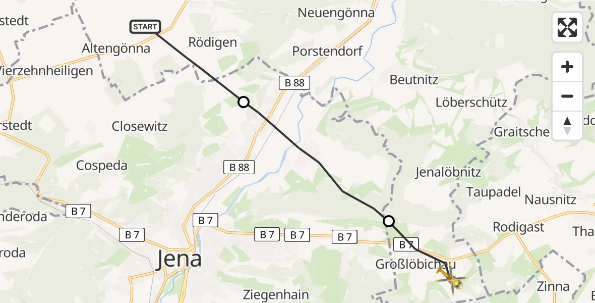 Flugroute Rettungshubschrauber Lehesten - Großlöbichau, 13 Juli 2026, 14:18