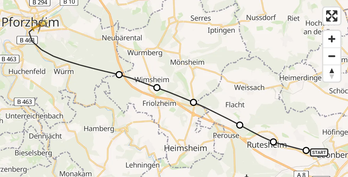 Flugroute Rettungshubschrauber Leonberg Hospital - Pforzheim, 13 Juli 2026, 14:19