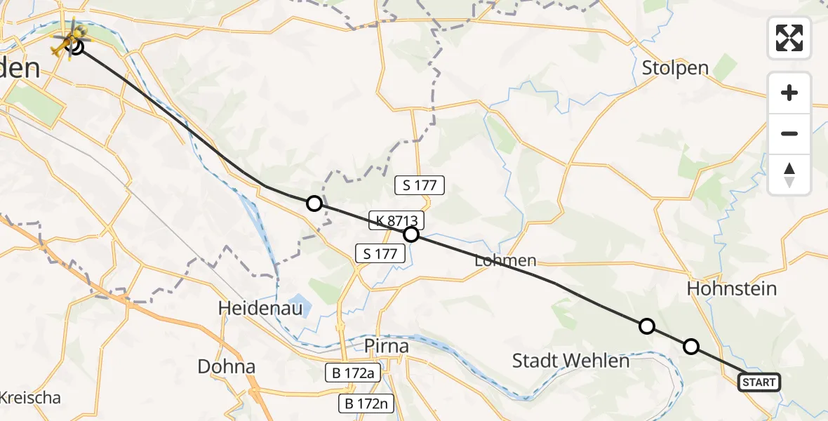 Flugroute Rettungshubschrauber Bad Schandau - Dresden University Hospital, 13 Juli 2026, 14:20