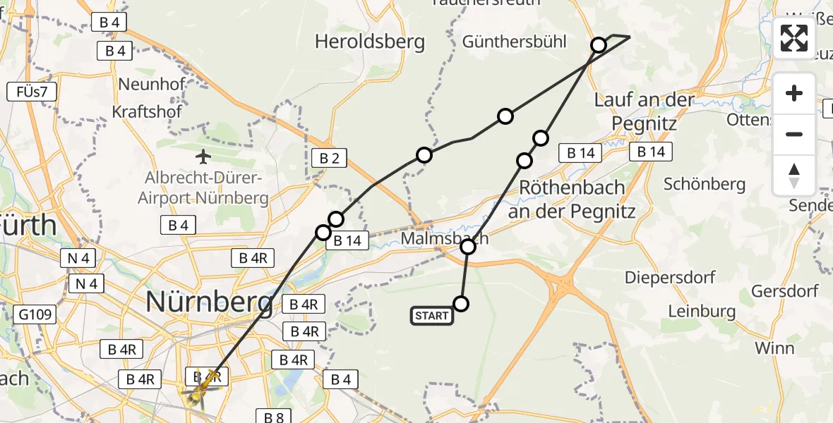 Flugroute Rettungshubschrauber Zerzabelshofer Forst - Nürnberg, 13 Juli 2026, 14:21