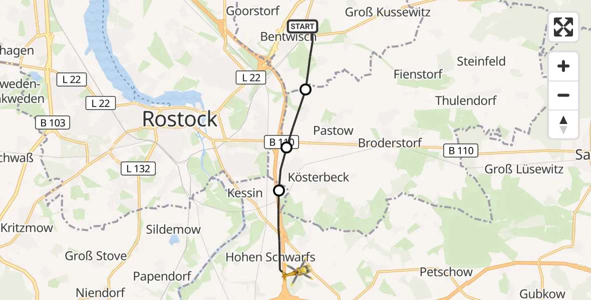 Flugroute Ambulanzhubschrauber Bentwisch - Dummerstorf, 13 Juli 2026, 14:22