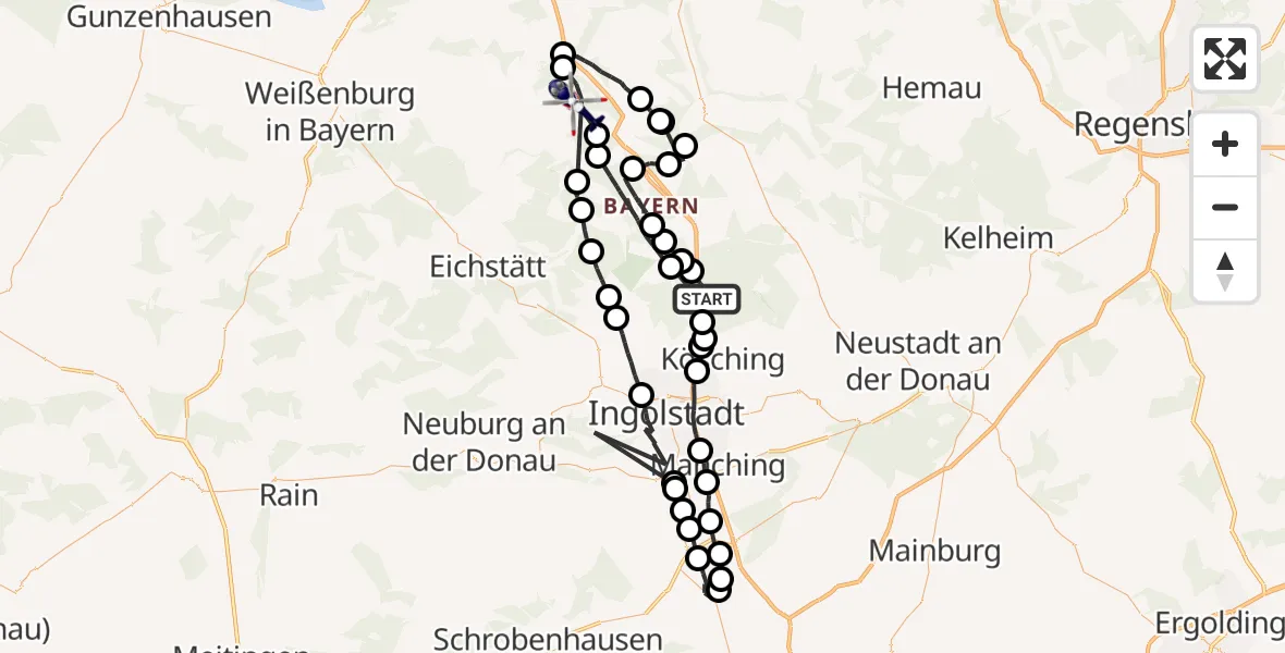 Flugroute Polizeihubschrauber Stammham - Greding, 13 Juli 2026, 14:25